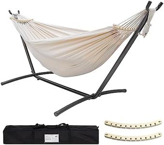 SZHLUX Double Hammock with Stand Included 450lb Capacity Steel Stand, Premium Carry Bag Included.Indoor Outdoor Brazilian-Style Cotton Bed for Backyard, Camping,Garden, Beige