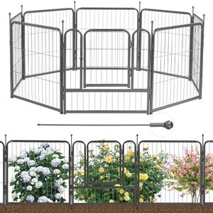 MESTYL Decorative Garden Fence 8 Panels 32in(H) x18ft(L), Outdoor Garden Metal Fencing with 1 Gates, Animal Barrier for Dog, Garden Edging Border No Dig Temporary Fence for Patio Yard, Black