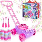 ArtCreativity Bubble Lawn Mower for Toddlers | Electronic Bubble Blower Machine | Fun Bubbles Blowing Push Toys for Kids | Bubble Solution Included | Christmas Birthday Gift for Girls, Pink and Purple