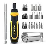 AZUNO 24 in 1 Ratcheting Multi Screwdriver Set with Universal Socket, 20 CRV Bits Stored in Handle, 12+8 Slotted/Philips/Torx/Hex/Square Sand Blasted Bits and Chrome Plated Precision bits.