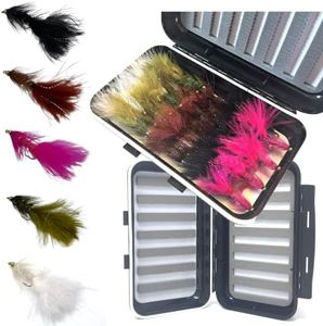 Fly Fishing Assortment - Bead Head Wooly Bugger - 36 Flies with Large Waterproof Fly Box for Trout and Other Freshwater Fish - 5 Color Variety of Black, White, Brown, Olive, and Pink Plus Flash