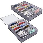 Nwvuop 2 Pack Under Bed Shoe Storage Organiser Box with Clear Lid Foldable Under Bed Shoes Bag, Fits 24 Pairs Grey