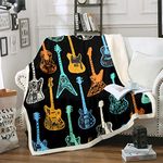 Guitar Blanket Rock Music Themed Throw Blanket for Kids Boys Teens Electronic Musical Instrument Fleece Blankets Colorful Watercolor Print Plush Blankets for Chair Office Fuzzy Blanket Double 60"x79"