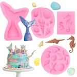 Marine Themed Silicone Fondant Mould Set, Mermaid Theme Silicone Baking Molds Tools, Mermaid Tail Mould, Fondant Mold Set for Cake Cupcake, Seashell, Seahorse Sea Cake Candy Decorations (Pink)