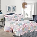 OZMIC Patchwork Quilt Bedspread Super King Size Bed - 3 Pcs Box Pattern Thick Cotton Filling Bed Warmer Large Blanket Bed Spread With Quilt Fabric 2 Pillowcase - Blossom
