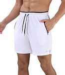 Suwangi Men's Running Shorts Breathable Workout Shorts with Ultra-Light Design Gym Training Shorts with Zip Pockets White