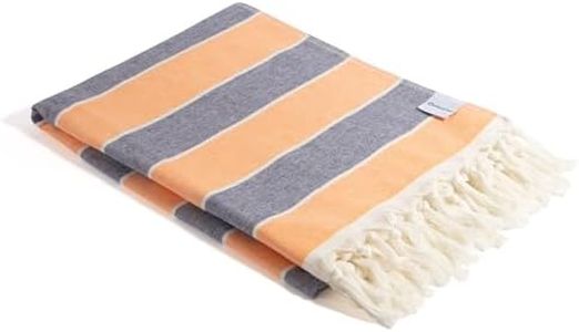 InfuseZen Terry Cloth Lined Turkish Bath & Beach Towel – Striped Design - 100% Organic Turkish Cotton - Soft, Lightweight, Absorbent Peshtemal, Quick Dry for Beach, Bath, Throw, Travel - Orange/Navy