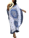 Bsubseach Women Blue Loose V Neck Half Sleeve Ethnic Print Kaftan Maxi Dress Bikini Cover Up