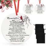 Christmas Sympathy Ornament Memorial Gift Cardinal Sign Remember Me Ornament Flat Round Ceramic Xmas Tree Ornament Memorial Quote Keepsake Decor with Red Ribbon for Bereavement Xmas Gift (3 Pieces)