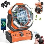 Odoland 40000mAh Camping Fan with LED Light, Auto-Oscillating Desk Fan with Remote & Hook, Rechargeable Battery Operated Outdoor Tent Fan with Timer, Power Fan for Camp,Travel,Jobsite and Beach,Orange