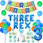 Dinosaur 3rd Birthday Decorations for Boys - Blue Three Rex Party Supplies with Number 3 Dinosaur Balloons Happy Birthday Banner Green and Blue Balloons Cake Toppers for Three Year Old Boy Birthday