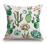 Throw Pillow Cover 18 x 18 Inch, Watercolor Succulent Plants Cactus Decor Linen Cushion Cover for Sofa Couch Bed