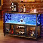 YITAHOME 55" Bar Cabinet with LED Lights, Wine Cabinet with Power Outlet, Bar Table Stand with Wine Rack, Storage Cabinets, Adjustable Shelf, Rustic Brown