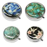 4 Pcs Small Metal Pill Box Set, Portable Pill Case with 3 Compartments for Vitamins Medicines Fish Oil, Cute Roud Dispenser with Mirror for Travel Daily, Moisture Proof Medicine Vitamin Organizer