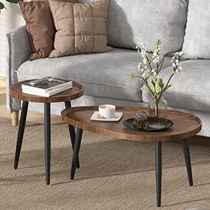 Oval Coffee Table Nest Wood: 2 Nesting Set Large 80cm and Small Round Tables 40cm MDF Wooden Tabletop Under Sofa Table with Metal Triangle Legs Industrial Nests Center Tables Living Room