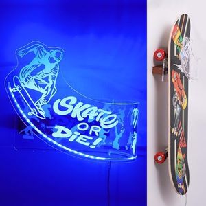 CoolGift Mart Light up Skateboard Wall Mount, Acrylic Skateboard Rack with Skateboarding Pattern Blue LED Lights for Trick(Street or Vert) Board Longboard Penny board Storage and Display, Skater Gifts