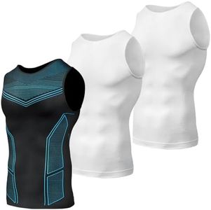 Odoland 3 Pack Men Compression Shirt, Gynecomastia Tummy Control Slimming Undershirt Tank Top Men, Body Shaper Strengthen Compression Vest Shapewear,Line Blue/White/White, XXXL