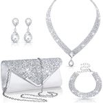 4 Pcs Women Rhinestone Jewelry Sets for Women Wedding Jewelry Set Rhinestone Earrings Necklace Bracelet Evening Bag Handbag Clutch Purses for Women Evening Party, Silver (Bling Style)