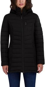 Nautica Women's 3/4 Midweight Stretch Puffer Jacket with Hood, Black, X-Small