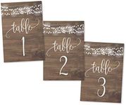 Hadley Designs 1-25 Rustic Wood Lights Table Number Double Sided Signs For Wedding Reception, Restaurant, Birthday Party Calligraphy Printed Numbered Card Centerpiece Reusable Frame Stand 4x6 Size