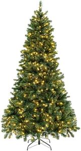 DORTALA Pre-Lit Christmas Tree, 7FT Artificial Xmas Tree with 1188 Branch Tips, 700 Warm-White LED Lights, Foldable Stand, Green