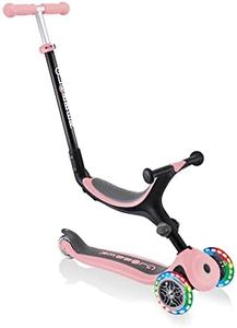 Globber Go Up Foldable 3 Wheel Folding Scooter and Ride On with Light Up Wheels - 15 Months to 7 Years, Kids Toddler Scooter for Boys and Girls with removable seat 2 Year Warranty (Pastel Pink)