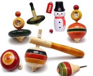 Channapatna Toys Wooden Spinning Tops Toys Combo Pack of 6 Toys for Kids (3 Years+) - Lattu Spinning Toy Wood - Multicolor - Curiosity & Free Snowman Doll