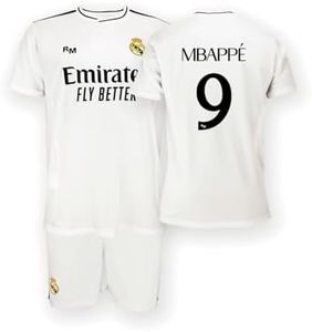 Real Madrid Home Kit Jersey and Shorts Season 24/25, Mbappé, 12 Years, Replica Shirt with Official License