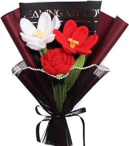 YOFANUP Flores de ganchillo, flores de ganchillo hechas a mano acabadas, ramo de flores de ganchillo, entrega de flores al día siguiente, rosas rosas, tulipán, flor preservada para el día de San
