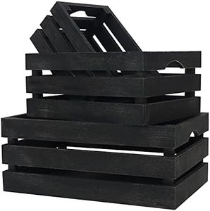 BELLE VOUS Cassette Legno Nere con Manici (3pz) - Cestini Portaoggetti Legno Rustico di Piccole, Medie e Grandi Dimensioni - Scatola Porta Oggetti Decorativa per Casa - Cassetta Legno Grezzo