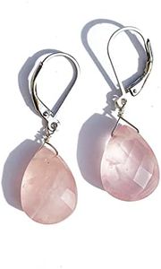 Joyfulmuze Natual Gemstone Earrings, Hypoallergenic 925 Sterling Silver Dangle Drop Jewelry, Gift for Women Handmade in USA (Rose-Quartz-White-Gold-Leverback)