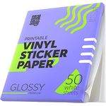 Premium Printable Vinyl Sticker Paper for Inkjet Printer and Laser - 50 White Glossy Sticker Paper Waterproof - Durability Adhesive Paper 8.5 x 11, Fast Dry, Holds Ink Well, Great for Cutting Machines