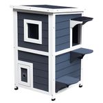 PawHut Wooden Cat House 2-Floor Outdoor Kitten Shelter with Window Grey