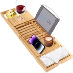 Luxury Bamboo Bathtub Caddy Tray - Adjustable Natural Wood Bath Tub Organizer with Wine Holder, Cup Placement, Soap Dish, Book Space & Phone Slot for Spa, Bathroom & Shower - SereneLife SLBCAD20