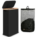 iEGrow 60L Slim Laundry Hamper with Lid Black Hampers for Laundry,Narrow Laundry Basket with Removable Inner Bag & Bamboo Handles Tall Thin Clothes Hamper for Clothes Toys Towels Organization