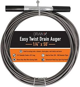 Drainx Easy Twist Drain Auger | Flexible Plumbing Cables for Cleaning Drainage Clogs Includes Storage Bag and Protective Gloves, 1/4" Diameter, 50 FT
