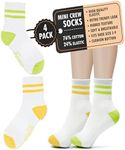 Forever Bambe Mini Crew Socks for Women Soft Terrycloth Cushioned Bottom Striped Retro Athletic Quarter Calf Gym Socks (4-Pack) White Ankle Socks With Yellow/Green Stripe