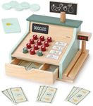 PairPear Wooden Toy Cash Register,Kids Pretend Play Money Counting Toys with Scanner and Credit Card,Toddler Cashier Toy Grocery Play Food Accessory for Pre-School Gift Boys Girls 3+