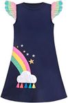 Sunny Fashion Girls Dress Navy Blue Tee A-line Rainbow Embroidery Ruffle Flare Sleeve 6 Years