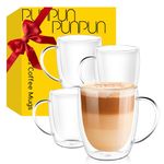 PunPun Coffee Cups Clear Coffee Mugs Set of 4, Glass Cups for Latte, Double Wall Glass Coffee Mugs with Big Handle, Glass Mugs for Iced Coffee or Hot Beverages, Espresso Cups (380ml / Set of 4)