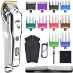 Hatteker Mens Hair Clipper Beard Trimmer Hair Trimmer for Men Cordless Clippers Professional Barbers Grooming Kit IPX7 Waterproof, Rechargeable, Colorful Combs, Silver