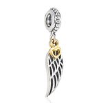 Guardian Angel Wing Charm Genuine 925 Sterling Silver Feather Pendant Bead fits European Style Bracelet (Dangling Angel Wings with Gold Heart Charm)