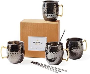 Artisan's Anvil Moscow Mule Mugs with Straws, Comfortable Brass Handle, Stainless Steel Made, Original Hammered Shape, Glossy Black Nickel Plated, Set of 4