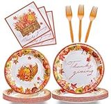 96 Pcs Thanksgiving Plates and Napkins - Disposable Paper Tableware give thanks Maple Leaf Theme Party Supplies for Autumn Decorations Dinnerware Set Serves 24 guests