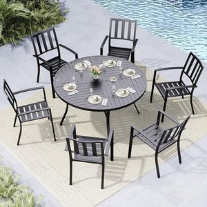 MFSTUDIO 7 Pieces Metal Patio Dining Set, 54" Round Iron Table with 1.75" Umbrella Hole and 6 Stackable Outdoor Metal Mesh Chairs, Stripes Pattern