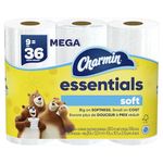 Charmin Essentials Soft Mega 2-Ply Toilet Paper Rolls, 4" x 4-1/2", 330 Sheets Per Roll, White, Pack Of 9 Rolls
