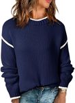 SHEWIN Fall Sweaters for Women Trendy Casual Long Sleeve Drop Shoulder Womens Tops Oversized Sweater Cozy Winter Warm Crewneck Fall Clothes,US 12-14(L),Navy Blue