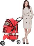 Pet Stroller Dog Stroller for Small Medium Dogs & Cats, 3 Wheel Folding Pet Travel Stoller Pet Jogger with Zipper Mesh Door and Storage Basket Easy Walk Pet Roadster for Puppy Animals- Red