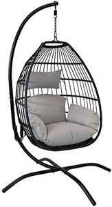 Sunnydaze Delaney Black Resin Wicker Hanging Egg Chair with Powder-Coated Steel Stand - Gray Polyester Cushions - 81 Inches H