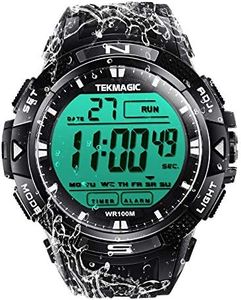 TEKMAGIC Hommes Garçons Montre Natation Plongée 10 ATM Etanche avec Fonctions de Chronomètre, Chronographe, Réveil et Affichage Double Fuseau Horaire, Format 12/24 Heures Sélectionnable